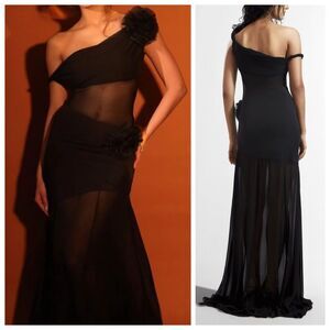 NWT Deme by Gabriella Gown Maxi Dress Black Abby One Shoulder Rosette Sheer XS
